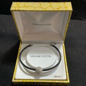 Stainless Steel Black Braided Cable Bracelet Pave Set Stones New